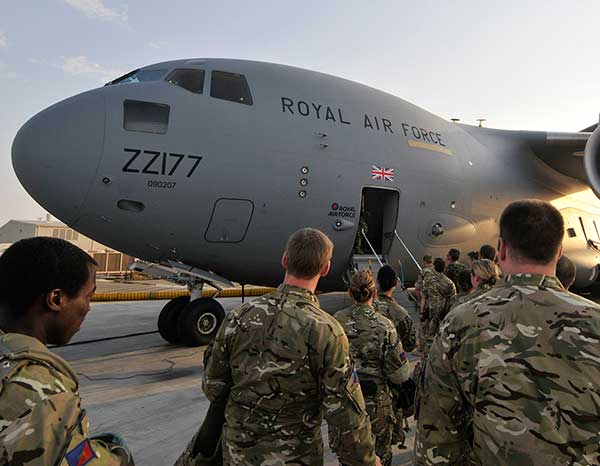 Troops Board RAF C17 Transport Aircraft enroute to Afghanistan