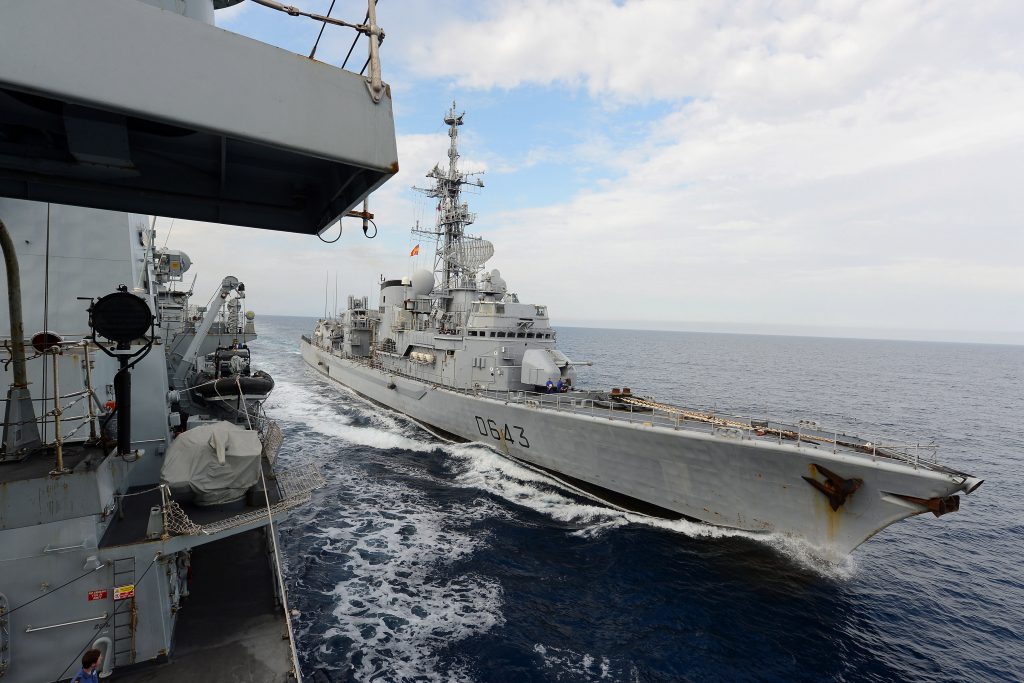 British and French warships on exercise at sea.