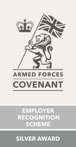 Silver Employer Recognition Scheme logo, with image of lion, flag and crown at the top and then Employer Recognition Scheme Silver Award at the bottom.