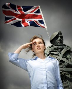 Saluting our Forces with statue and union flag