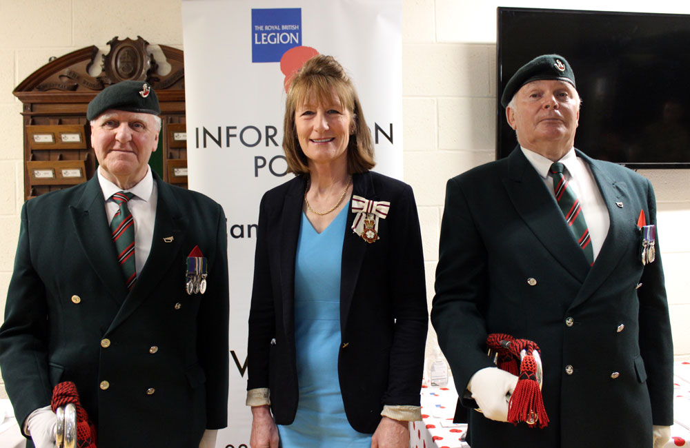 HM Lord-Lieutenant for Shropshire, Mrs Anna Turner, pictured alongside two buglers from the Rifles Regimental Association