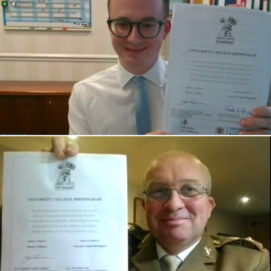 Joseph Young from the University College Birmingham signs the Armed Forces Covenant, alongside Lt Col Gaddum, at a virtual event