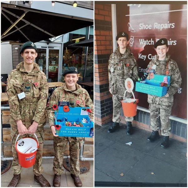 Corporal Kenyon's Army Cadet highlights include community events and overseas trips. Here he is pictured fundraising for the Royal British Legion's Poppy Appeal with a fellow cadet.