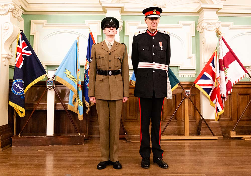 Lord-Lieutenant's Cadet for Herefordshire pictured with the Lord-Lieutenant of Herefordshire, at the investiture ceremony