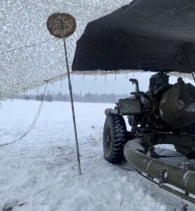 Military equipment setup in a snowy climmate.