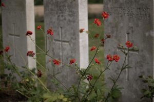 Flowers in front of a gravestone for a sergeant.